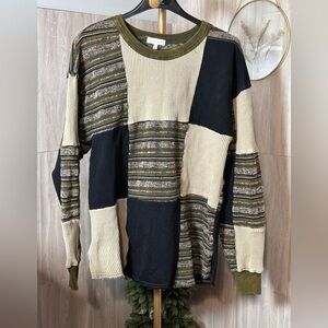 Gilded Intent Patchwork Crewneck Sweater - Navy Blue Black, Olive, Beige